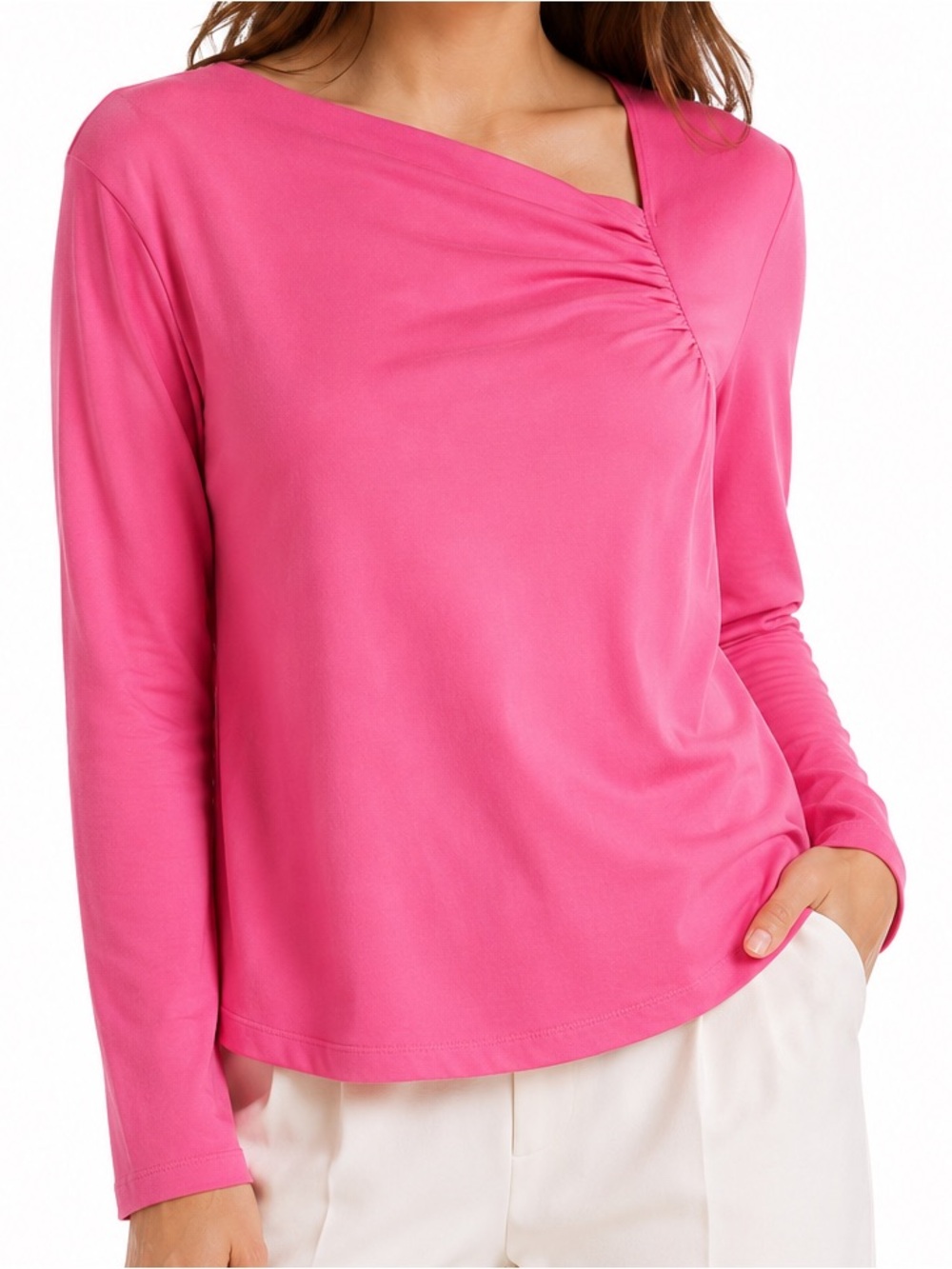 CENTRAL FALLS Cotton Spandex Pleated Neck Long-Sleeve Tee Bubblegum Pink Top